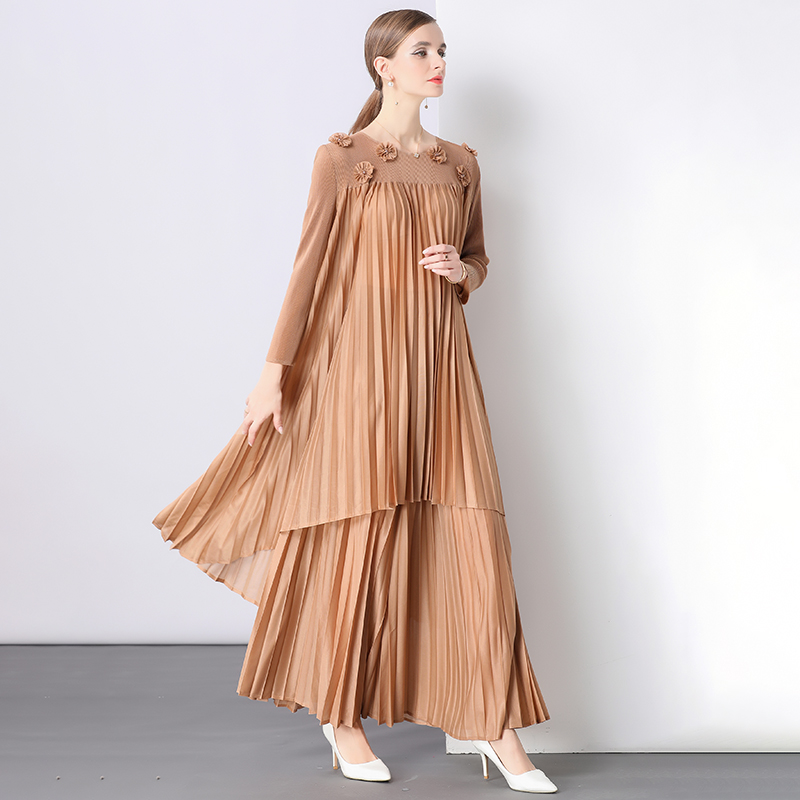 Beading long sleeve flowers long wide leg pants a set