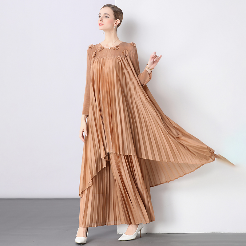 Beading long sleeve flowers long wide leg pants a set