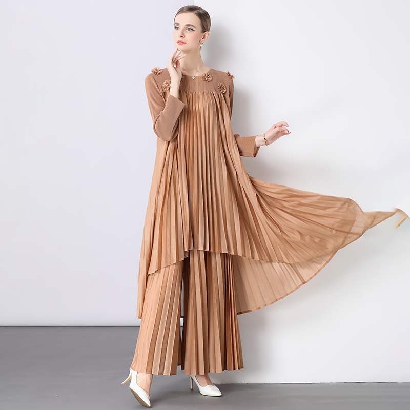 Beading long sleeve flowers long wide leg pants a set