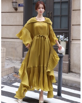 Trumpet sleeves fold long dress frenum lapel dress