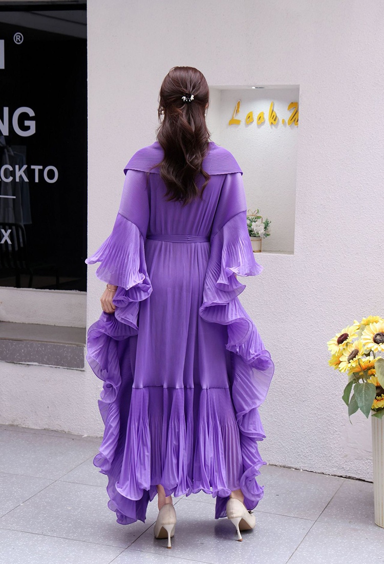 Trumpet sleeves fold long dress frenum lapel dress