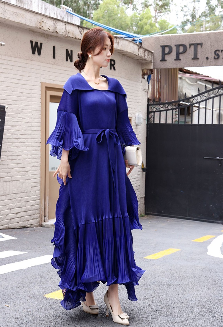 Trumpet sleeves fold long dress frenum lapel dress