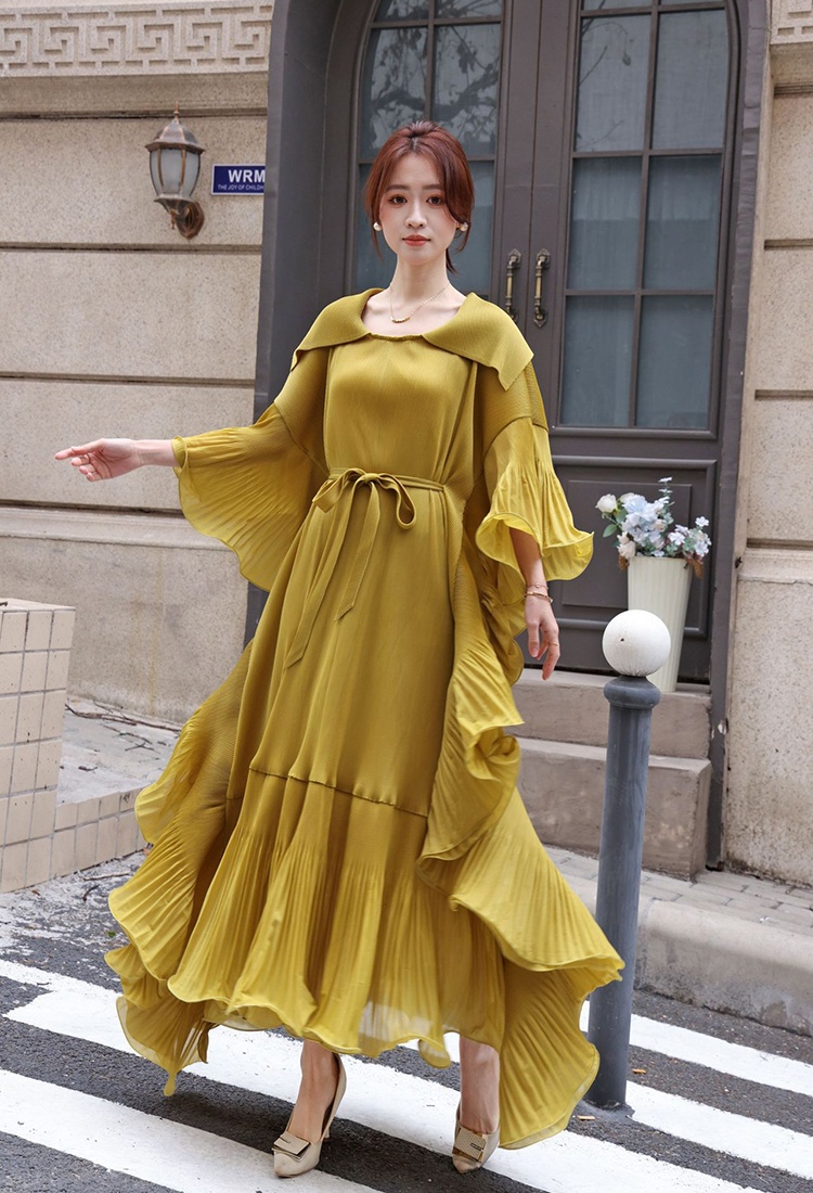 Trumpet sleeves fold long dress frenum lapel dress