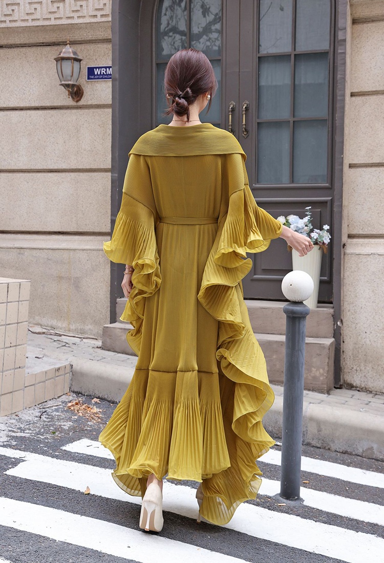Trumpet sleeves fold long dress frenum lapel dress