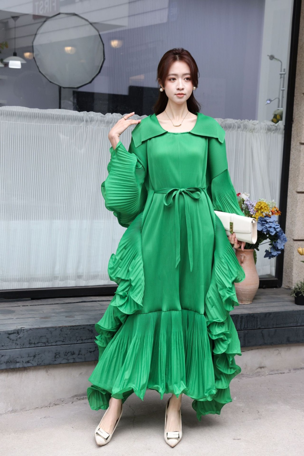 Trumpet sleeves fold long dress frenum lapel dress