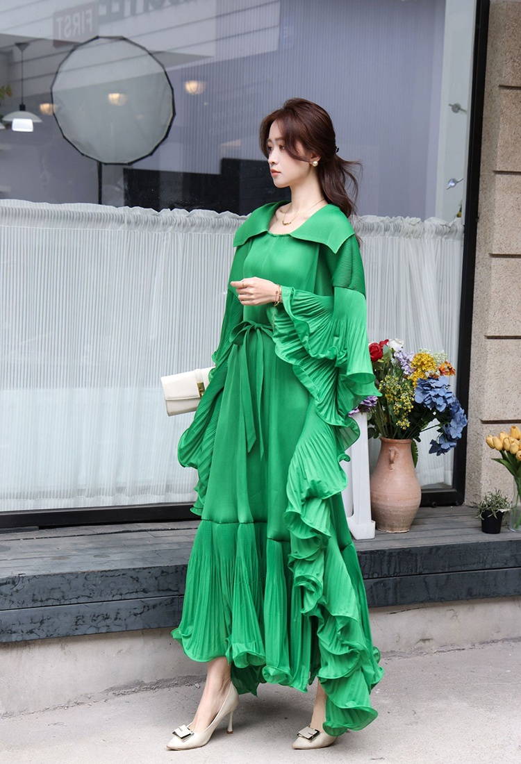 Trumpet sleeves fold long dress frenum lapel dress