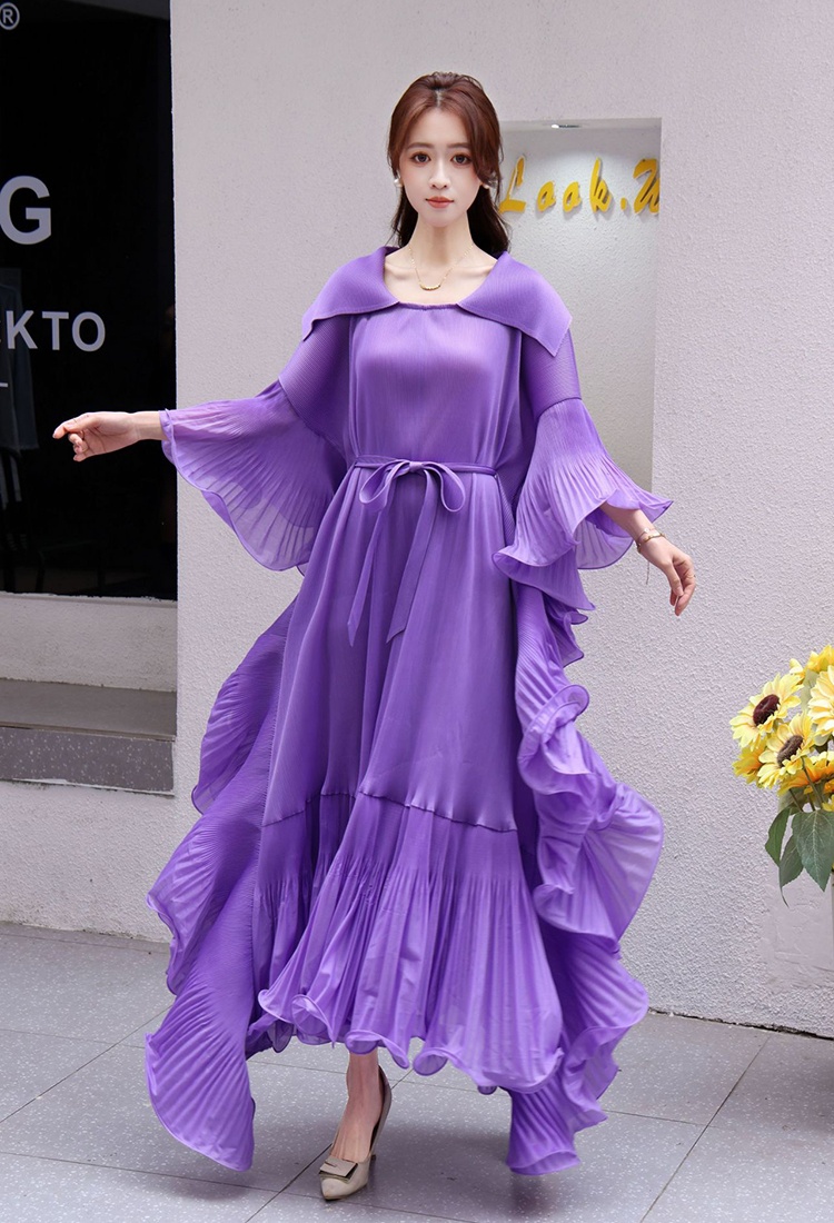 Trumpet sleeves fold long dress frenum lapel dress