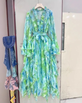 Wood ear V-neck sling printing long dress
