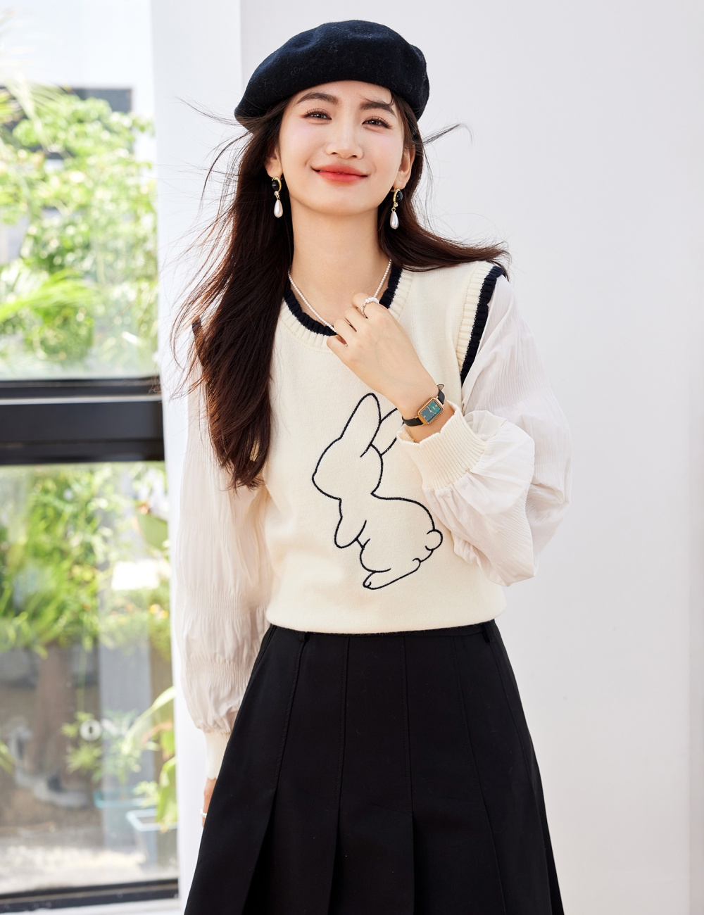 Splice embroidery tops spring and autumn sweater for women