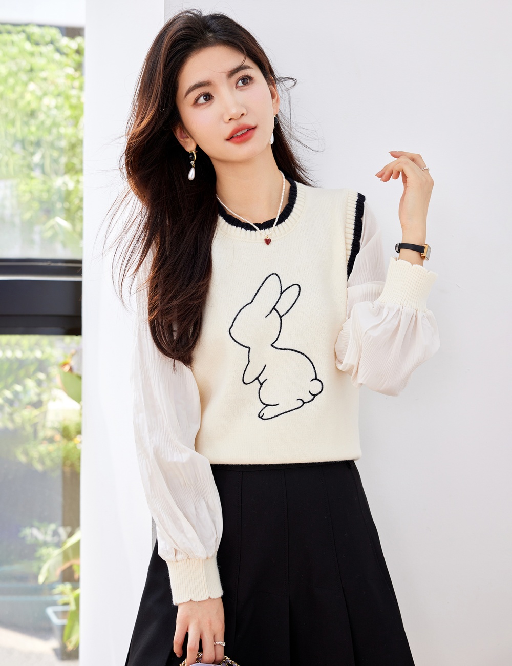 Splice embroidery tops spring and autumn sweater for women