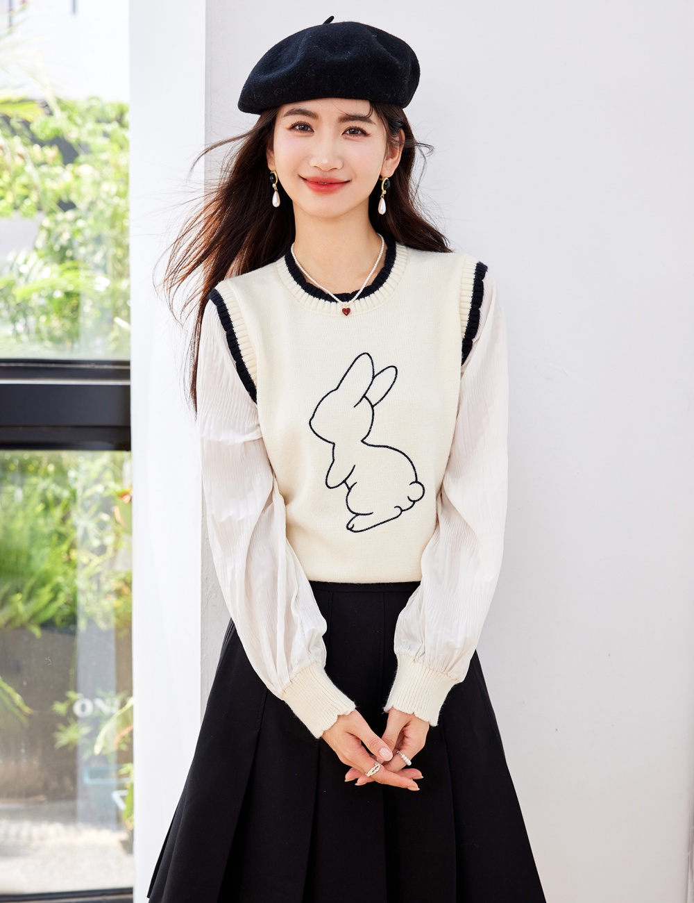Splice embroidery tops spring and autumn sweater for women