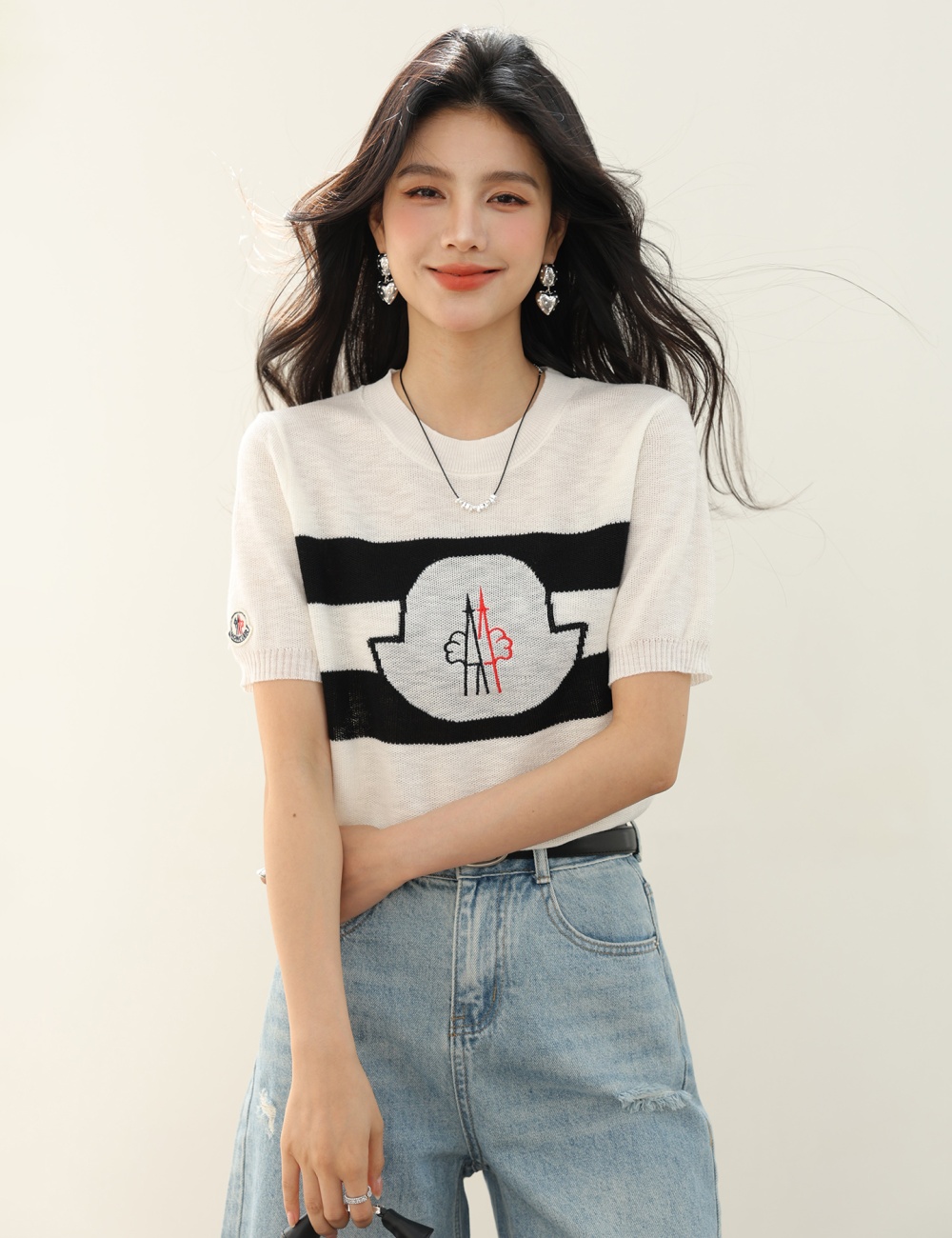 Round neck summer all-match sweater Korean style slim tops