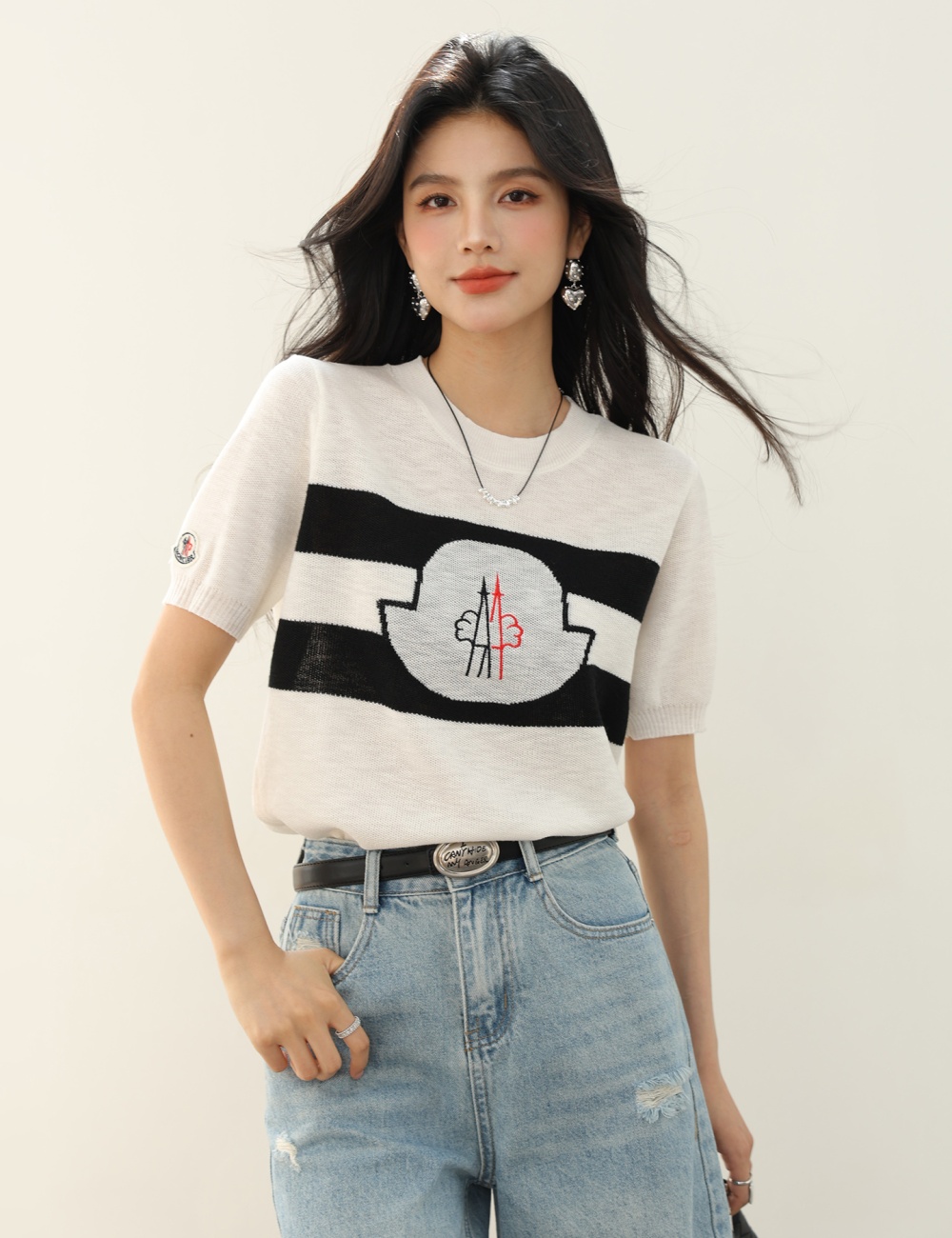 Round neck summer all-match sweater Korean style slim tops