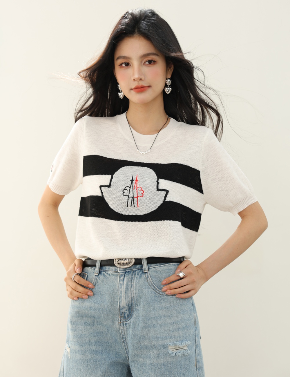 Round neck summer all-match sweater Korean style slim tops