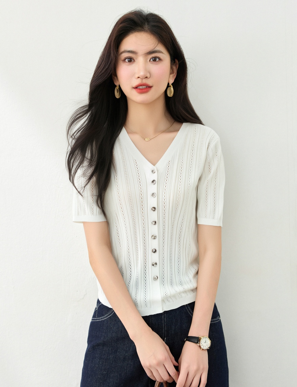 France style short sleeve cardigan simple sweater