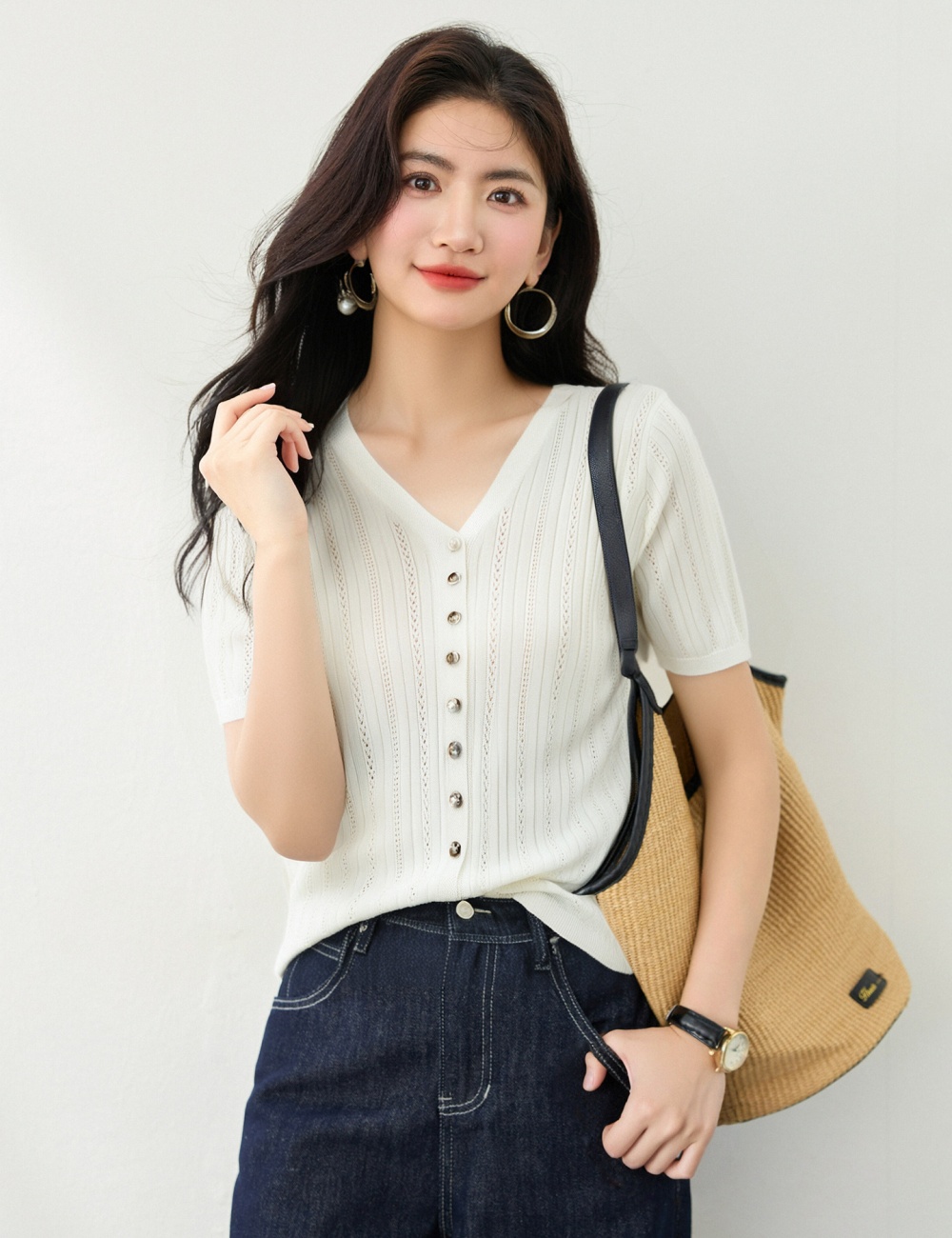 France style short sleeve cardigan simple sweater