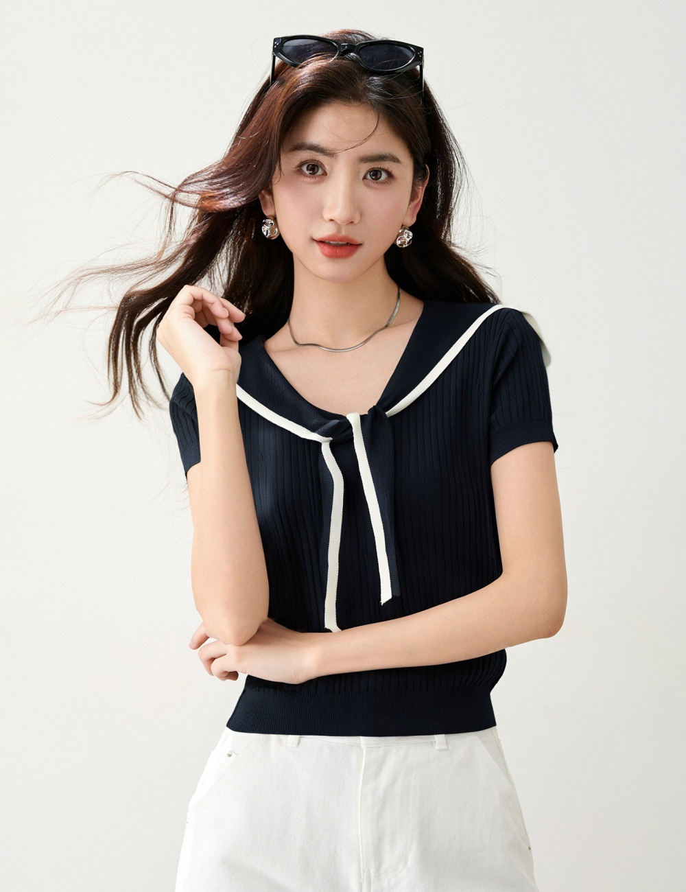 College style navy collar slim tops summer all-match T-shirt