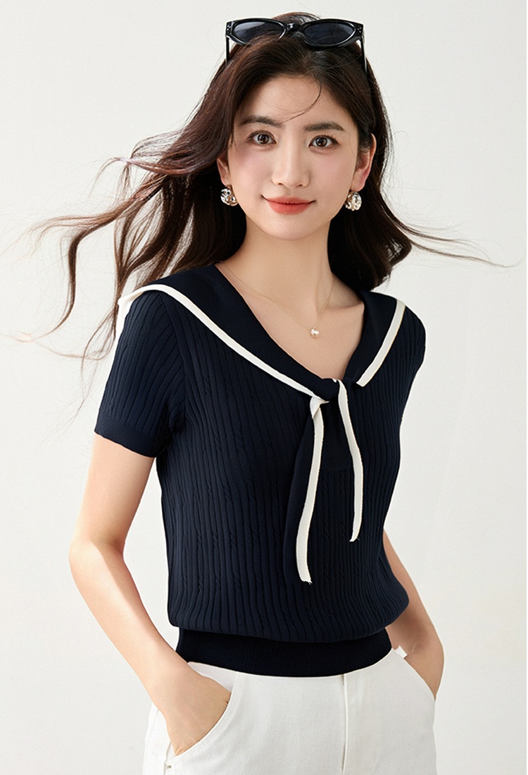 College style navy collar slim tops summer all-match T-shirt