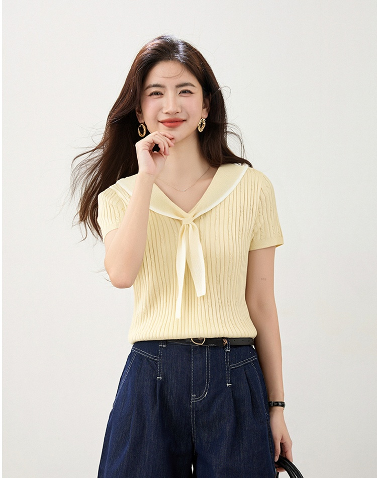 College style navy collar slim tops summer all-match T-shirt
