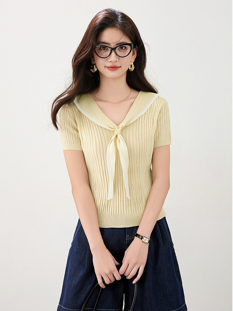 College style navy collar slim tops summer all-match T-shirt