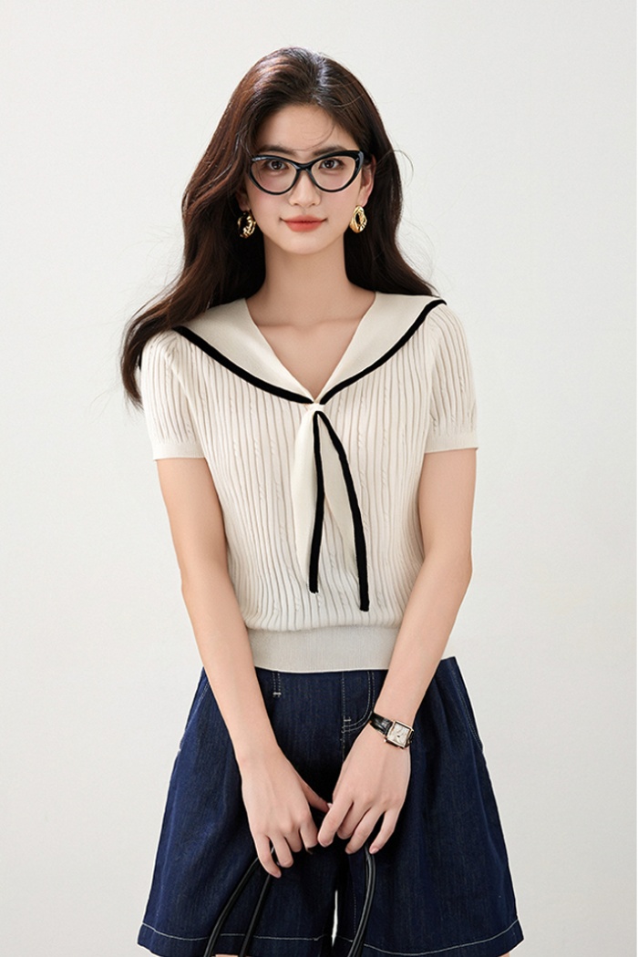 College style navy collar slim tops summer all-match T-shirt