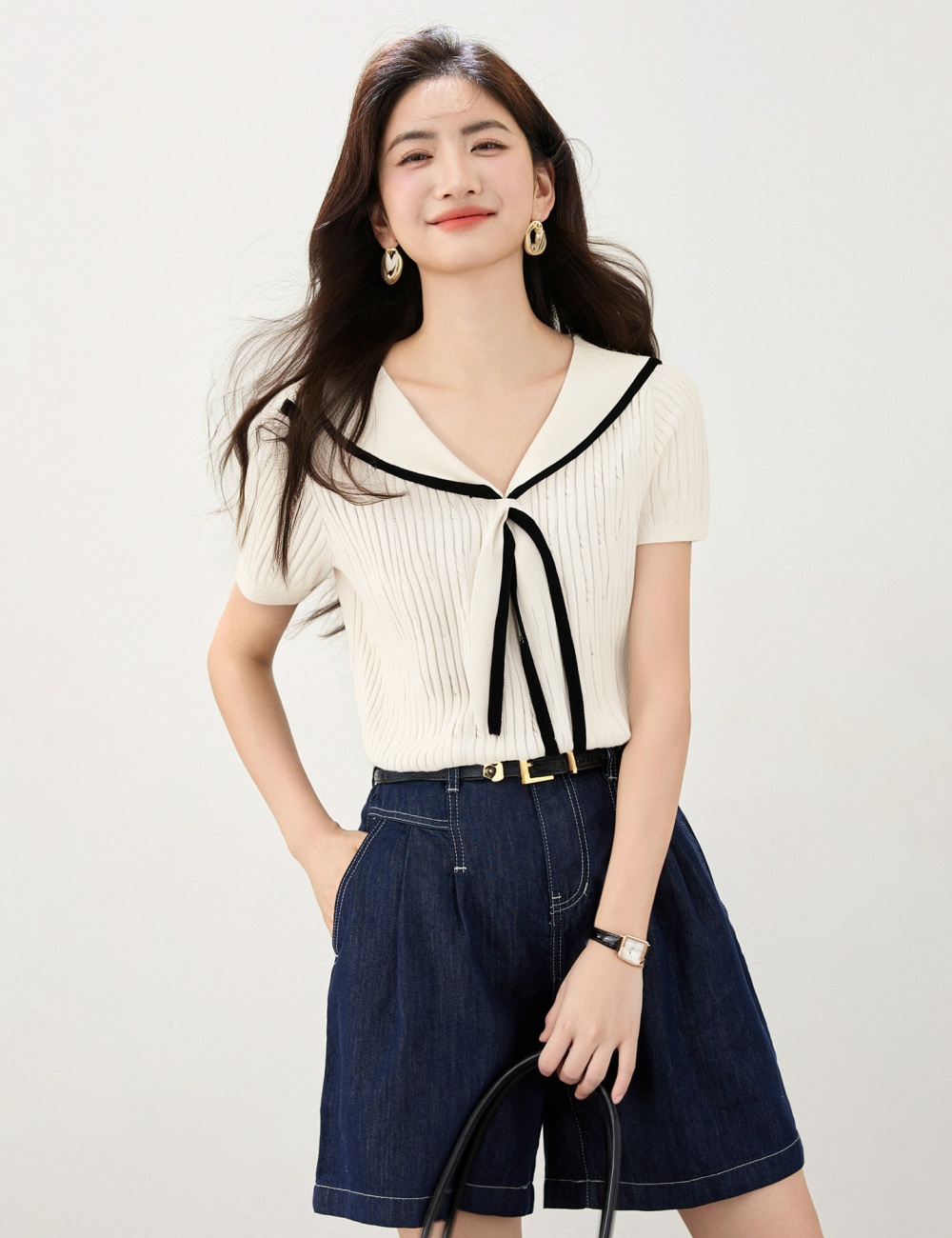 College style navy collar slim tops summer all-match T-shirt