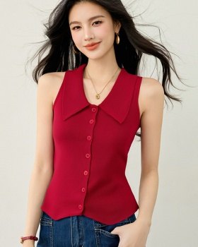 Summer knitted waistcoat red lapel tops for women