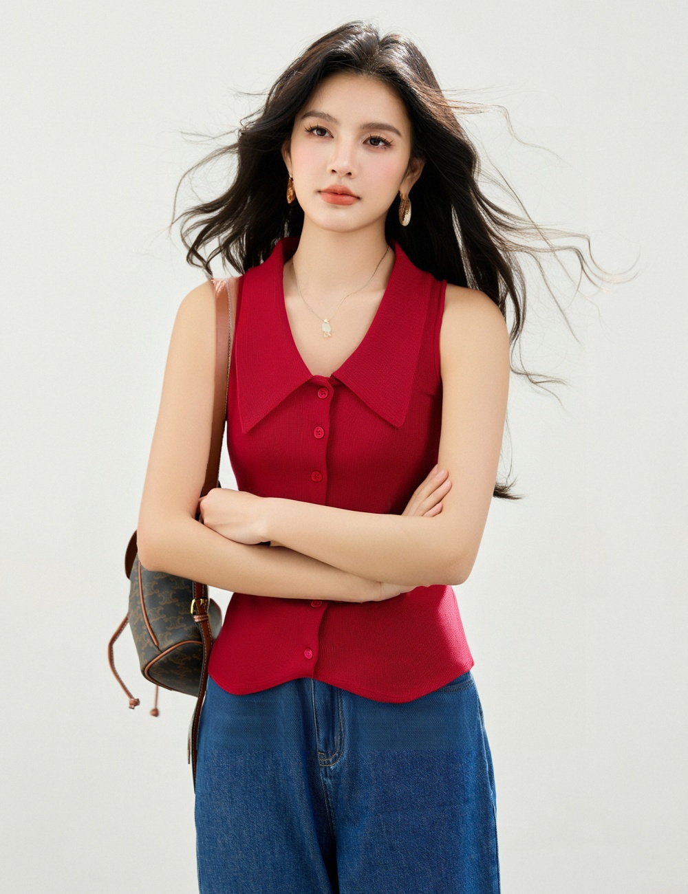 Summer knitted waistcoat red lapel tops for women