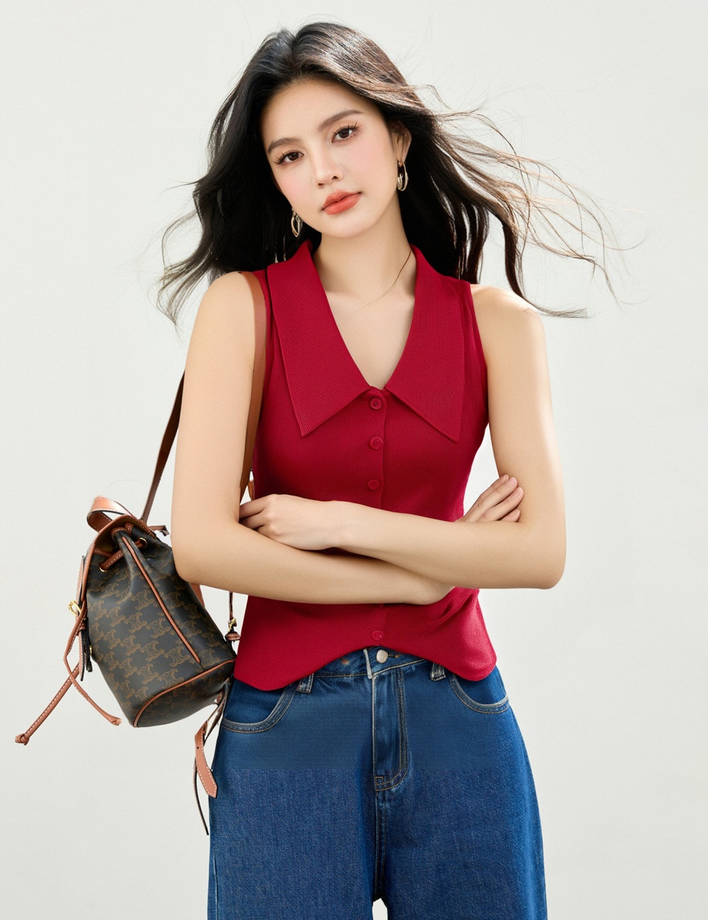 Summer knitted waistcoat red lapel tops for women