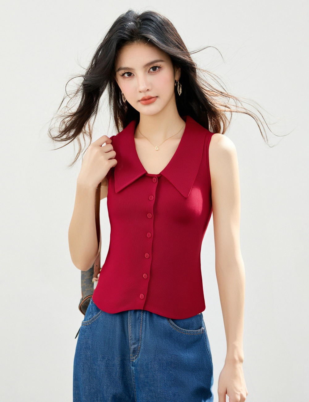 Summer knitted waistcoat red lapel tops for women