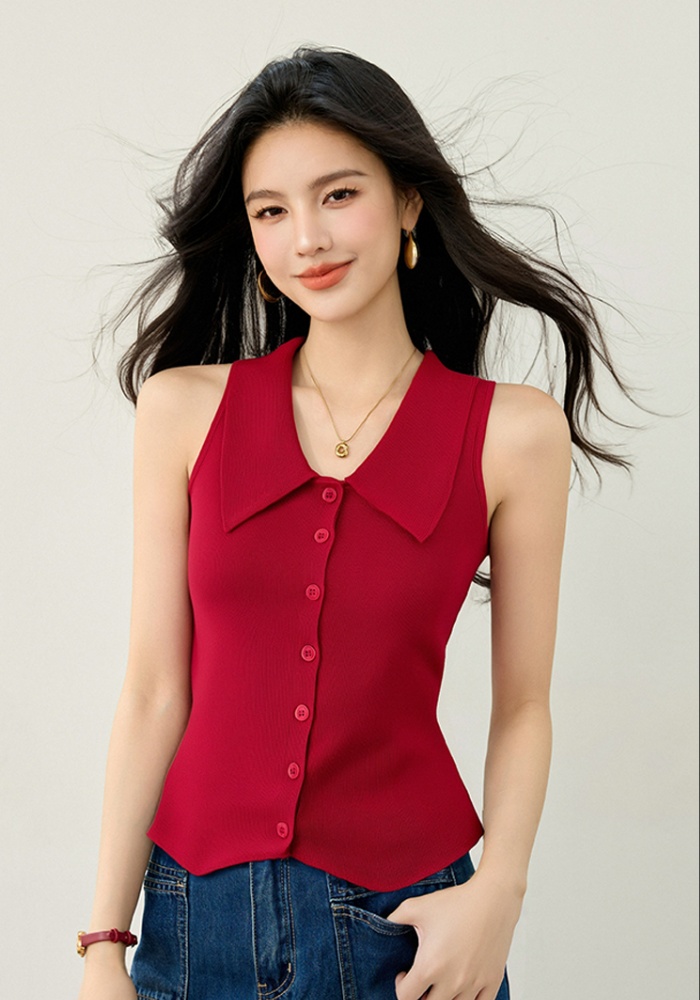 Summer knitted waistcoat red lapel tops for women