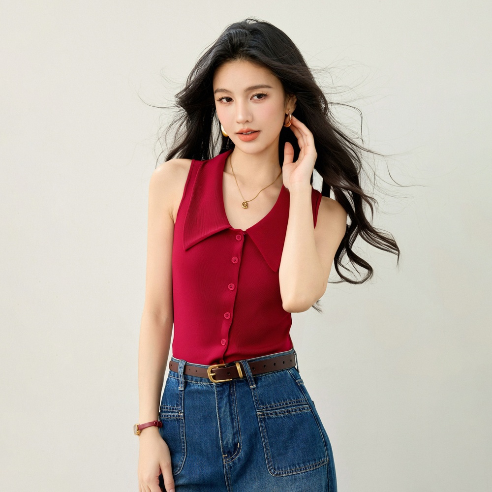Summer knitted waistcoat red lapel tops for women