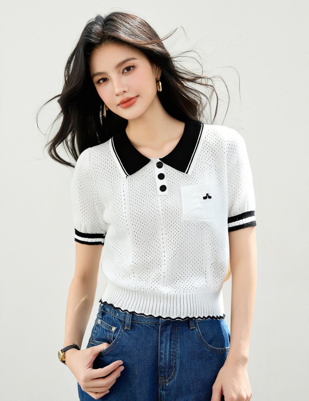 Show young all-match mixed colors mesh sweater for women