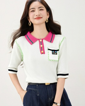 Knitted fashion mixed colors tops Western style summer T-shirt