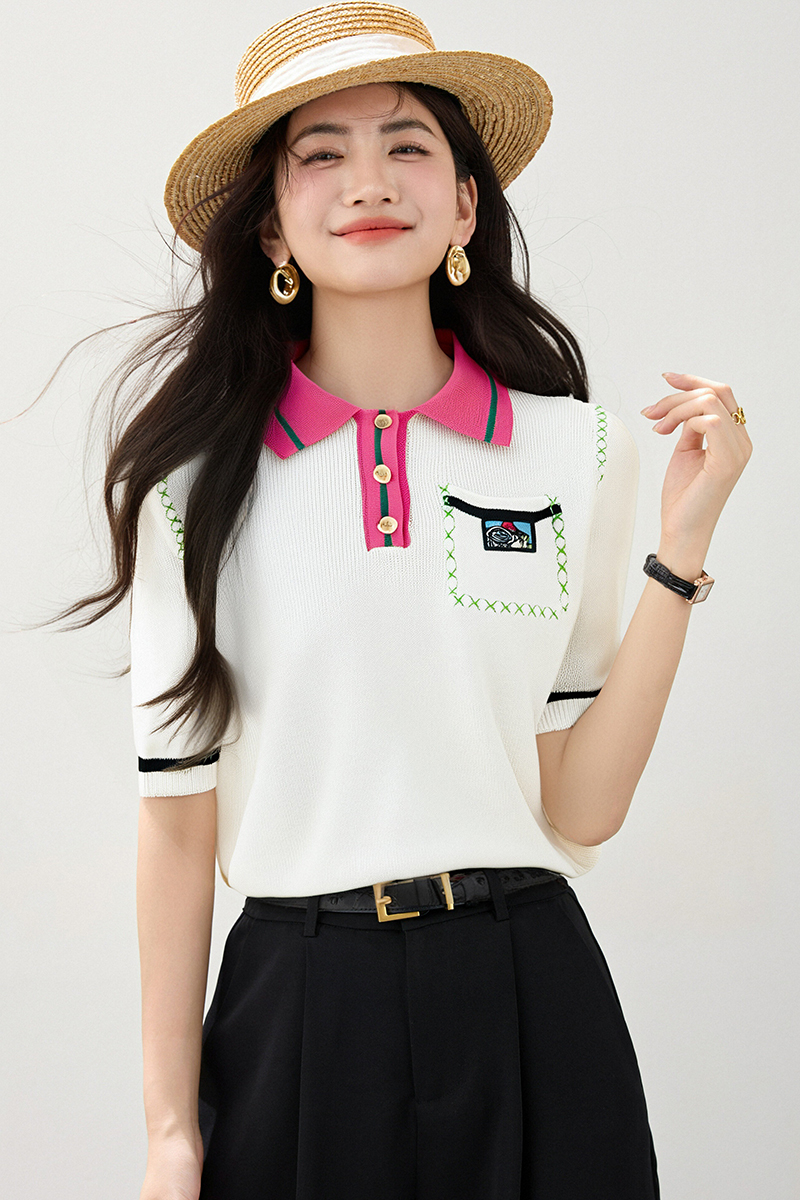 Knitted fashion mixed colors tops Western style summer T-shirt