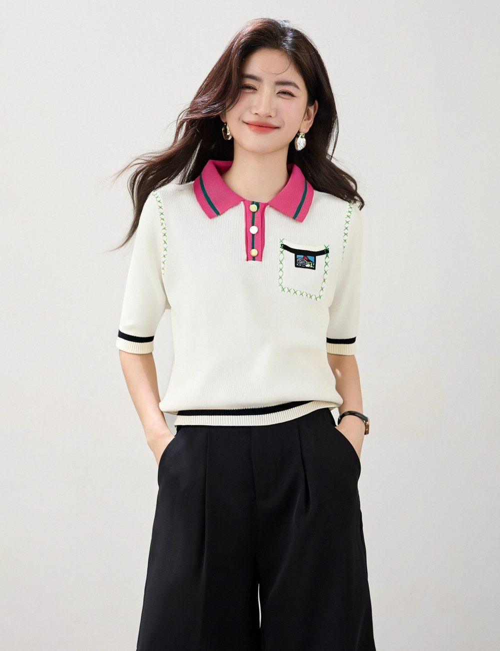 Knitted fashion mixed colors tops Western style summer T-shirt