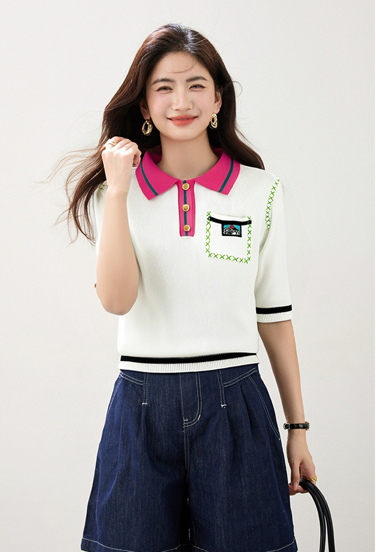 Knitted fashion mixed colors tops Western style summer T-shirt