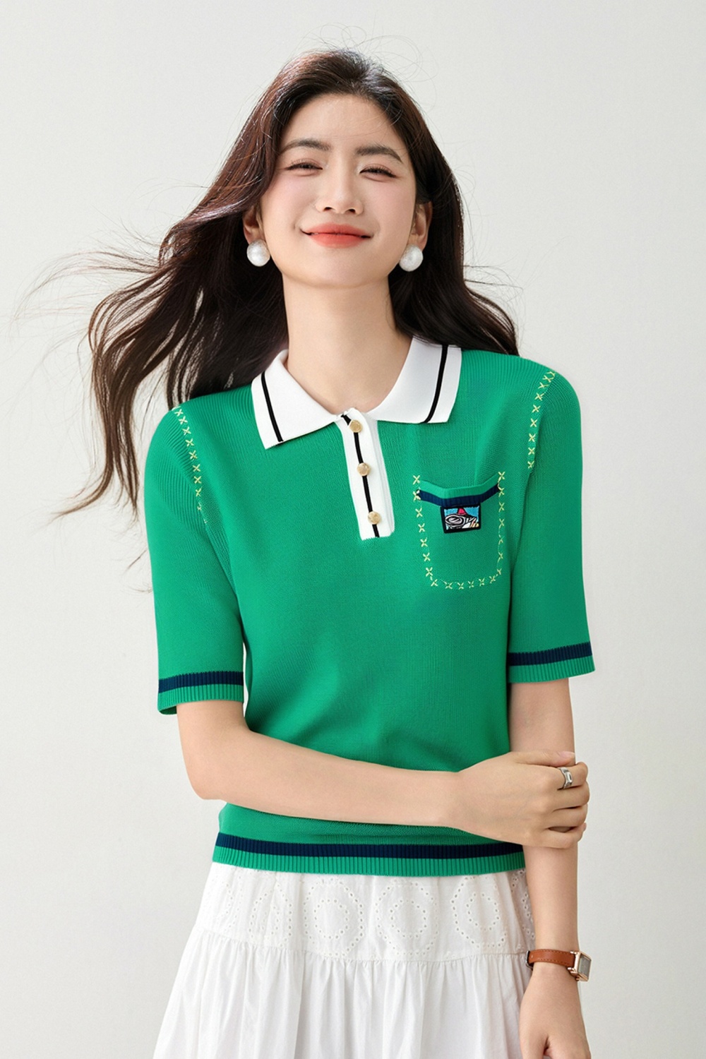 Knitted fashion mixed colors tops Western style summer T-shirt