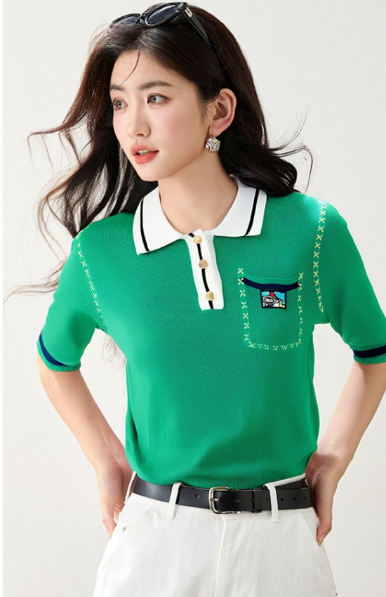 Knitted fashion mixed colors tops Western style summer T-shirt