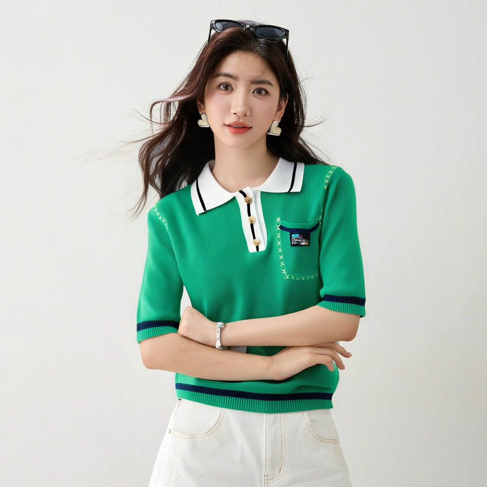 Knitted fashion mixed colors tops Western style summer T-shirt