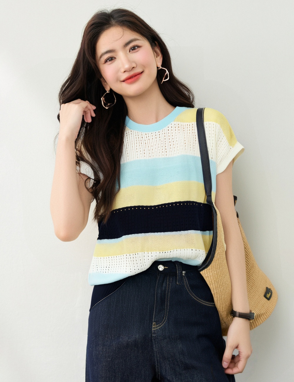 Mixed colors slim tops loose commuting T-shirt for women