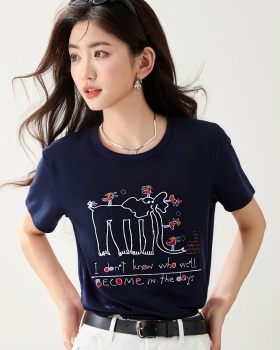 Embroidery summer childlike T-shirt elephants all-match tops