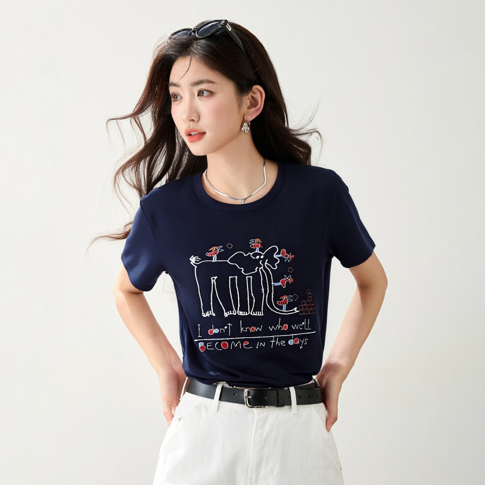 Embroidery summer childlike T-shirt elephants all-match tops