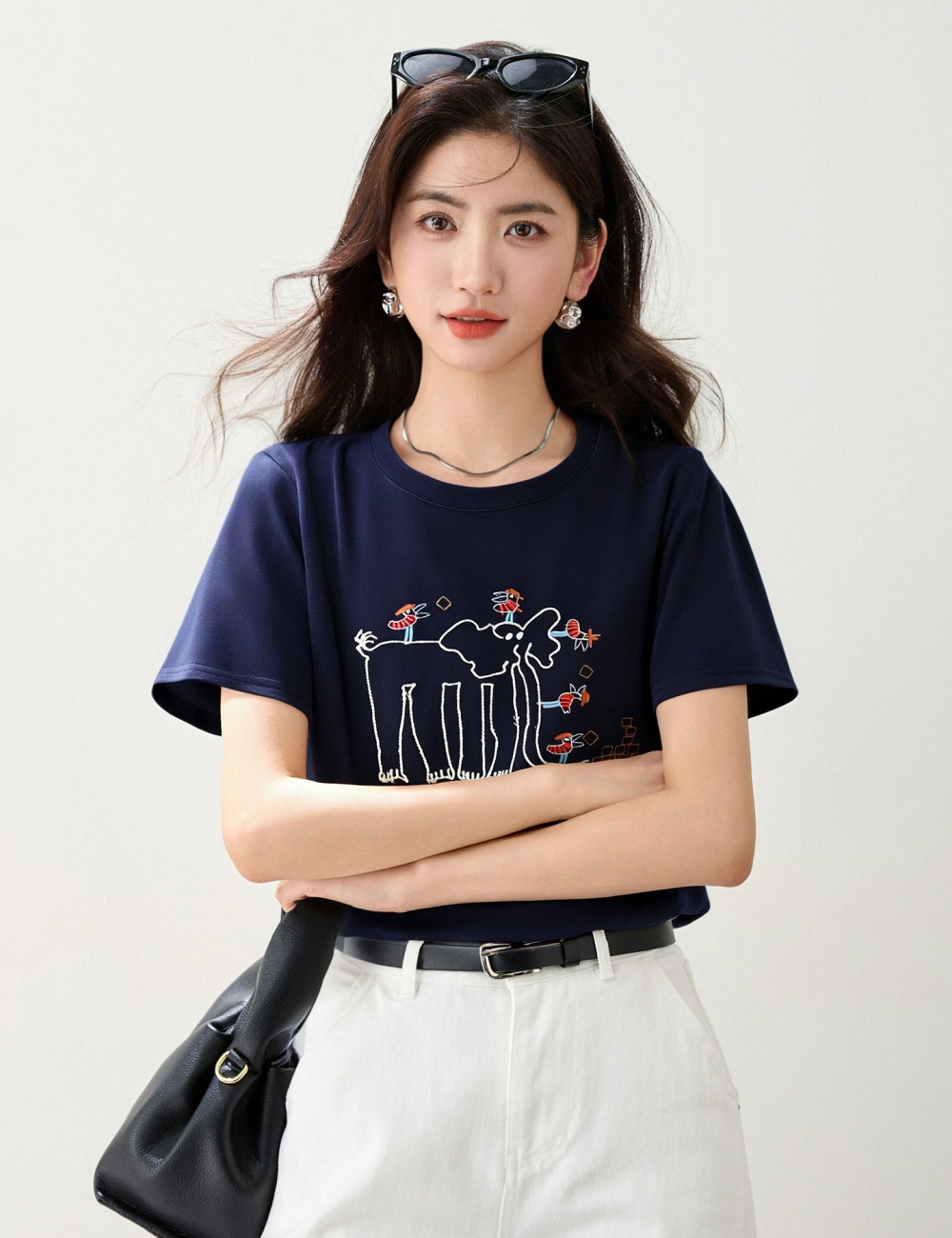 Embroidery summer childlike T-shirt elephants all-match tops