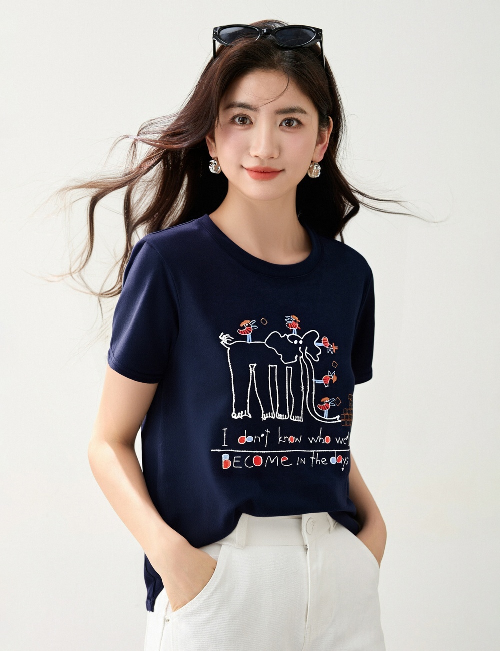 Embroidery summer childlike T-shirt elephants all-match tops