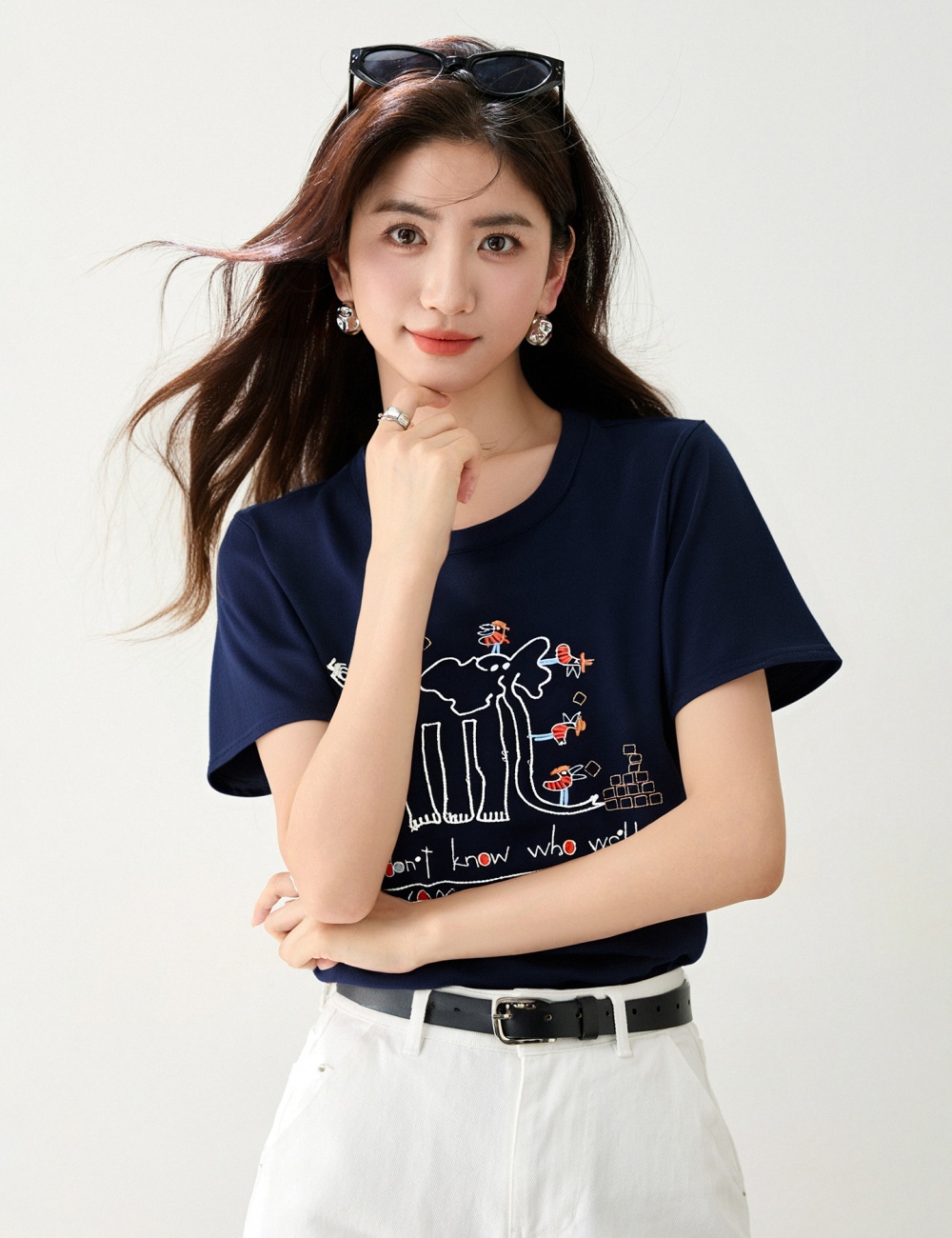 Embroidery summer childlike T-shirt elephants all-match tops