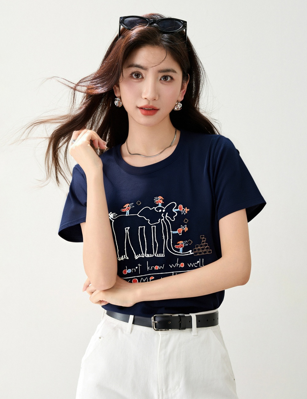 Embroidery summer childlike T-shirt elephants all-match tops