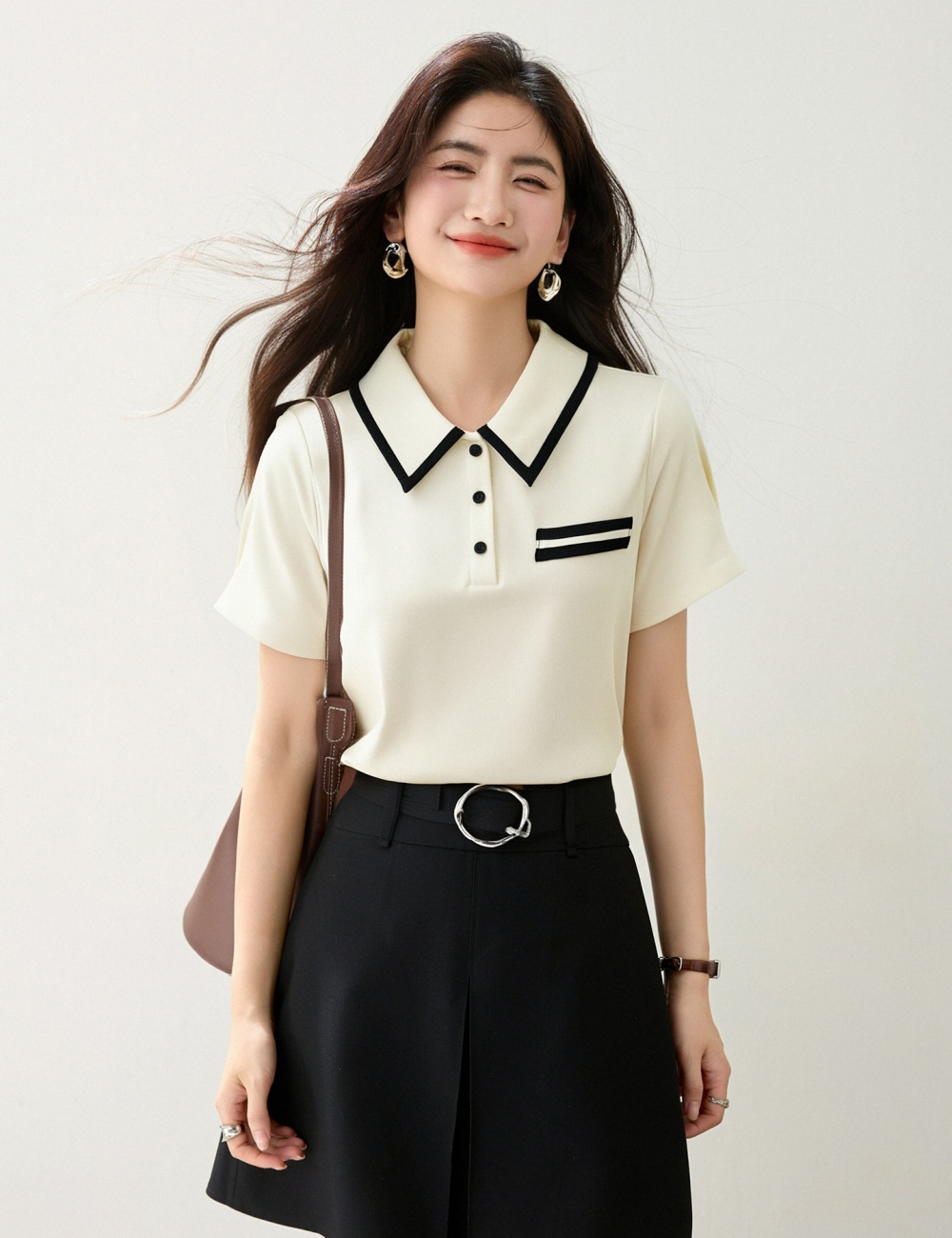 Short sleeve summer tops lapel college style T-shirt