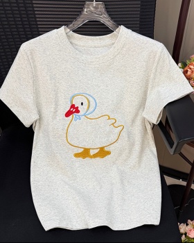 Round neck lazy tops embroidery summer T-shirt for women