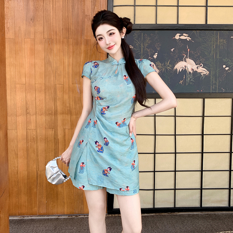 Chinese style cheongsam summer shorts 2pcs set